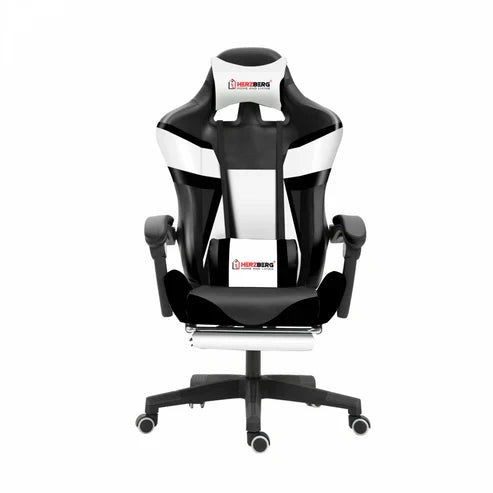Race car-style Gaming/Office chair with retractable footrest, White-Black